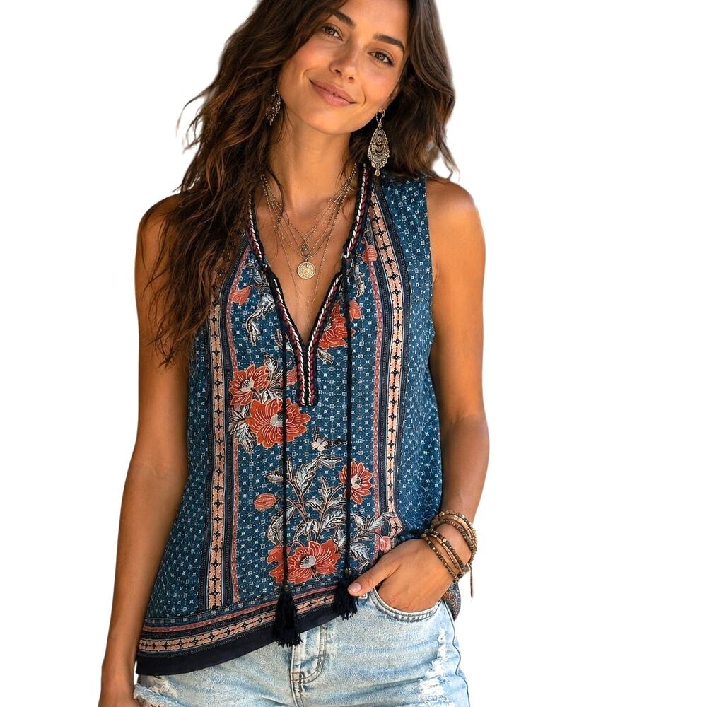 Daniel Rainn Boho Top Womens Medium Turquoise Floral Beaded Tassels Tank